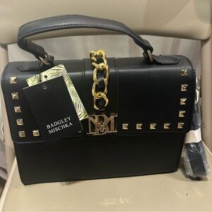 Badgley Mischka Black Satchel with Gold Chain and Stud Accents